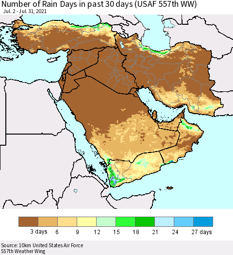 Middle East and Turkey Number of Rain Days in past 30 days (USAF 557th WW) 07/31/2021 Thematic Map For 7/26/2021 - 7/31/2021