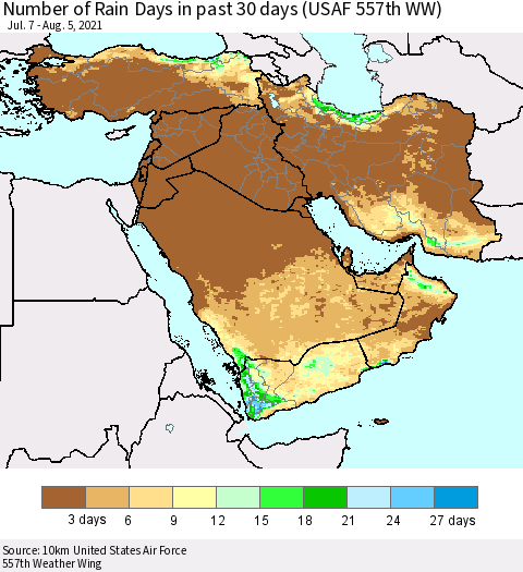 Middle East and Turkey Number of Rain Days in past 30 days (USAF 557th WW) 08/05/2021 Thematic Map For 8/1/2021 - 8/5/2021