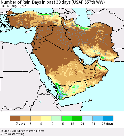 Middle East and Turkey Number of Rain Days in past 30 days (USAF 557th WW) 08/10/2021 Thematic Map For 8/6/2021 - 8/10/2021