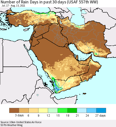 Middle East and Turkey Number of Rain Days in past 30 days (USAF 557th WW) 08/15/2021 Thematic Map For 8/11/2021 - 8/15/2021
