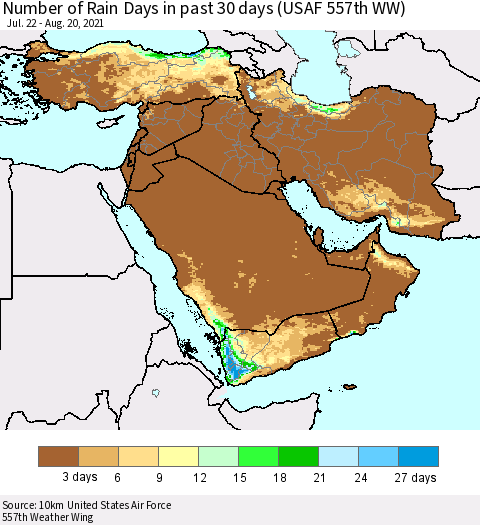 Middle East and Turkey Number of Rain Days in past 30 days (USAF 557th WW) 08/20/2021 Thematic Map For 8/16/2021 - 8/20/2021