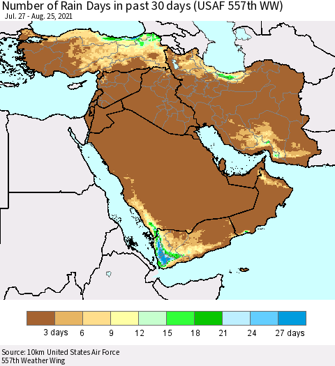 Middle East and Turkey Number of Rain Days in past 30 days (USAF 557th WW) 08/25/2021 Thematic Map For 8/21/2021 - 8/25/2021