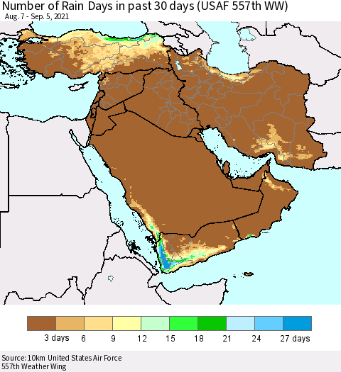 Middle East and Turkey Number of Rain Days in past 30 days (USAF 557th WW) 09/05/2021 Thematic Map For 9/1/2021 - 9/5/2021