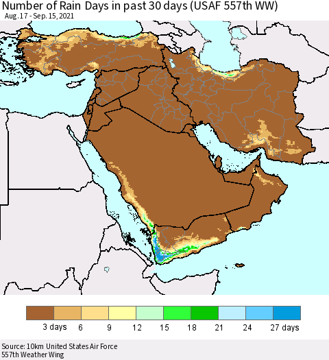 Middle East and Turkey Number of Rain Days in past 30 days (USAF 557th WW) 09/15/2021 Thematic Map For 9/11/2021 - 9/15/2021