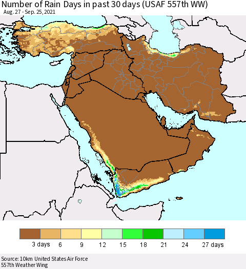 Middle East and Turkey Number of Rain Days in past 30 days (USAF 557th WW) 09/25/2021 Thematic Map For 9/21/2021 - 9/25/2021