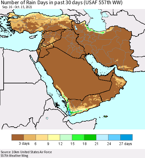 Middle East and Turkey Number of Rain Days in past 30 days (USAF 557th WW) 10/15/2021 Thematic Map For 10/11/2021 - 10/15/2021