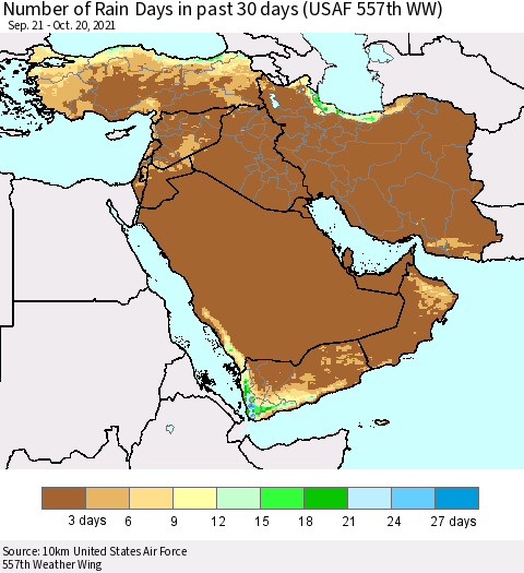Middle East and Turkey Number of Rain Days in past 30 days (USAF 557th WW) 10/20/2021 Thematic Map For 10/16/2021 - 10/20/2021