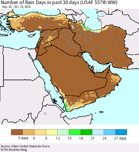 Middle East and Turkey Number of Rain Days in past 30 days (USAF 557th WW) 10/25/2021 Thematic Map For 10/21/2021 - 10/25/2021