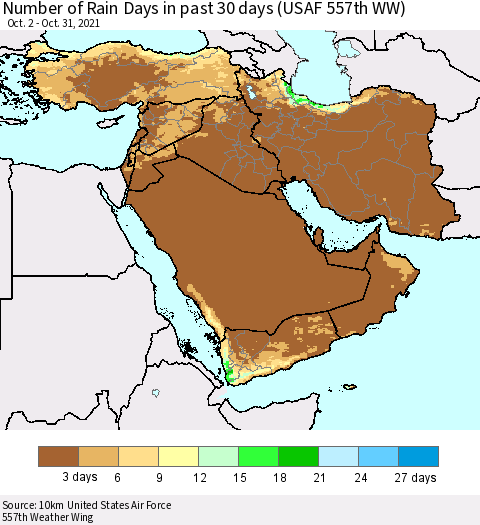 Middle East and Turkey Number of Rain Days in past 30 days (USAF 557th WW) 10/31/2021 Thematic Map For 10/26/2021 - 10/31/2021