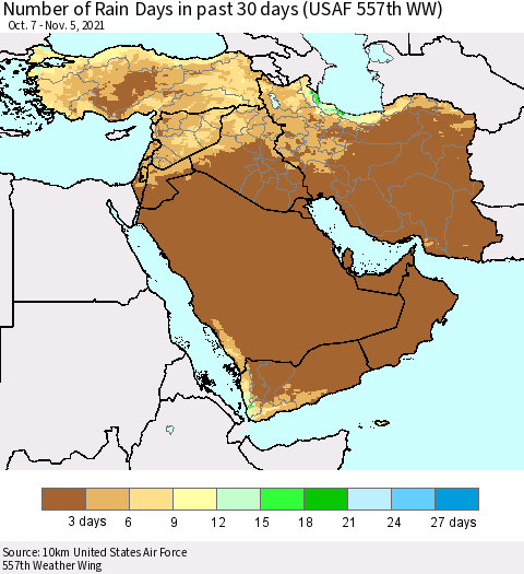 Middle East and Turkey Number of Rain Days in past 30 days (USAF 557th WW) 11/05/2021 Thematic Map For 11/1/2021 - 11/5/2021