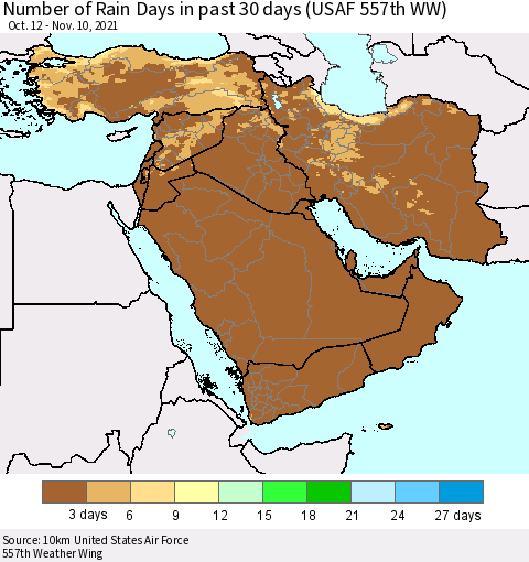 Middle East and Turkey Number of Rain Days in past 30 days (USAF 557th WW) 11/10/2021 Thematic Map For 11/6/2021 - 11/10/2021