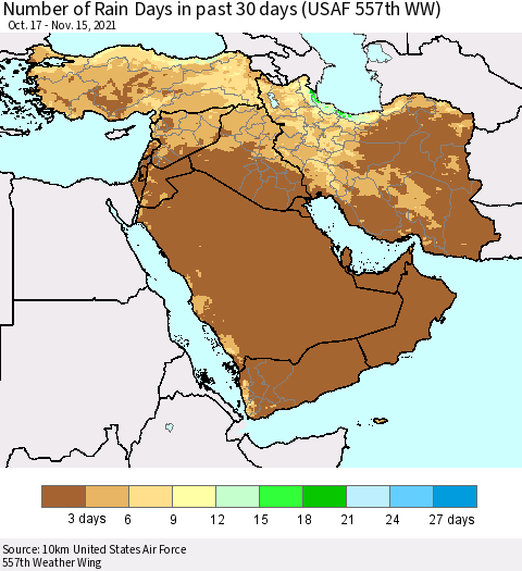 Middle East and Turkey Number of Rain Days in past 30 days (USAF 557th WW) 11/15/2021 Thematic Map For 11/11/2021 - 11/15/2021