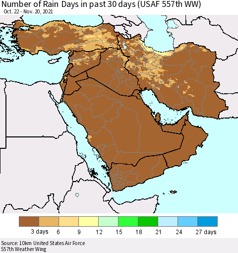 Middle East and Turkey Number of Rain Days in past 30 days (USAF 557th WW) 11/20/2021 Thematic Map For 11/16/2021 - 11/20/2021