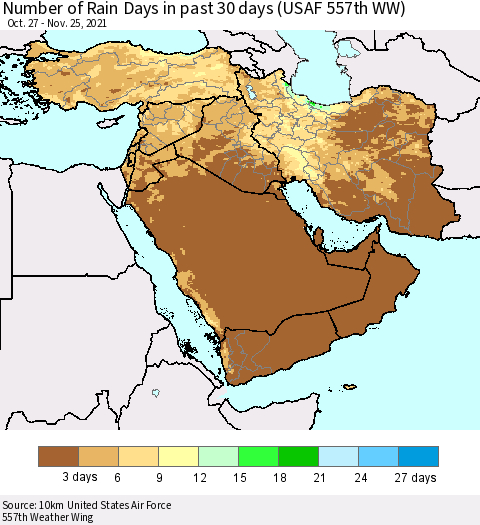 Middle East and Turkey Number of Rain Days in past 30 days (USAF 557th WW) 11/25/2021 Thematic Map For 11/21/2021 - 11/25/2021