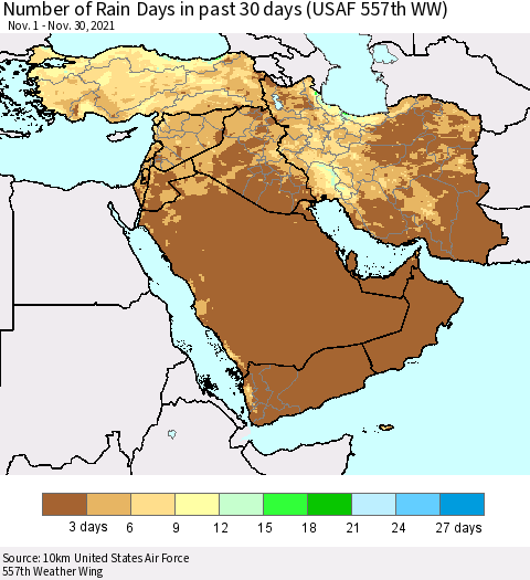 Middle East and Turkey Number of Rain Days in past 30 days (USAF 557th WW) 11/30/2021 Thematic Map For 11/26/2021 - 11/30/2021