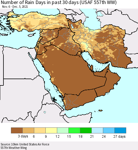 Middle East and Turkey Number of Rain Days in past 30 days (USAF 557th WW) 12/05/2021 Thematic Map For 12/1/2021 - 12/5/2021
