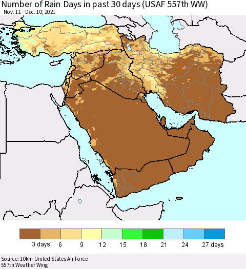 Middle East and Turkey Number of Rain Days in past 30 days (USAF 557th WW) 12/10/2021 Thematic Map For 12/6/2021 - 12/10/2021