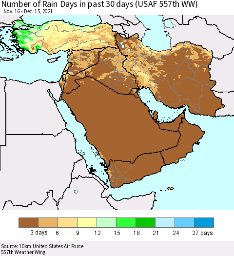 Middle East and Turkey Number of Rain Days in past 30 days (USAF 557th WW) 12/15/2021 Thematic Map For 12/11/2021 - 12/15/2021