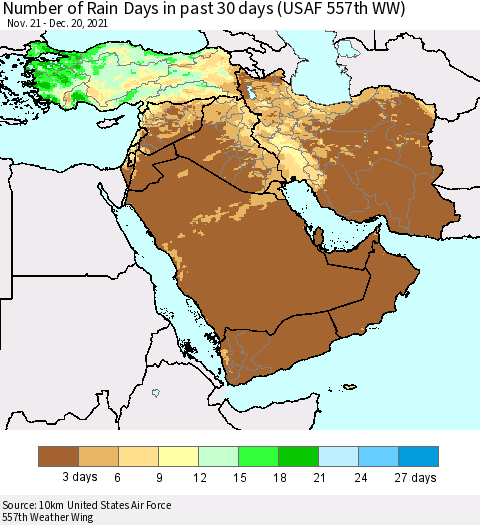 Middle East and Turkey Number of Rain Days in past 30 days (USAF 557th WW) 12/20/2021 Thematic Map For 12/16/2021 - 12/20/2021