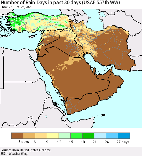 Middle East and Turkey Number of Rain Days in past 30 days (USAF 557th WW) 12/25/2021 Thematic Map For 12/21/2021 - 12/25/2021