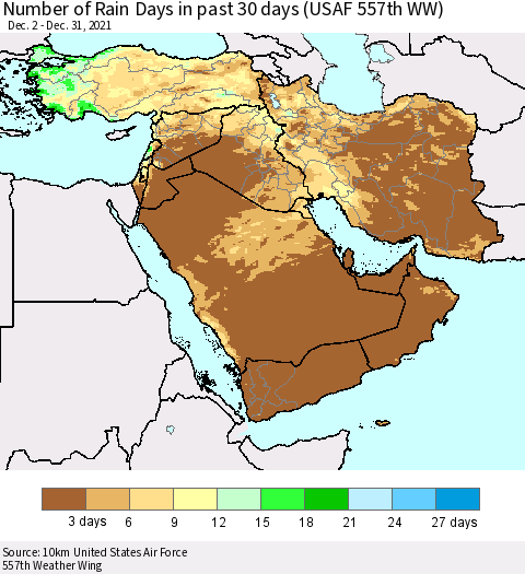 Middle East and Turkey Number of Rain Days in past 30 days (USAF 557th WW) 12/31/2021 Thematic Map For 12/26/2021 - 12/31/2021