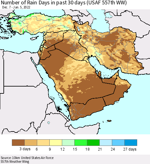 Middle East and Turkey Number of Rain Days in past 30 days (USAF 557th WW) 01/05/2022 Thematic Map For 1/1/2022 - 1/5/2022