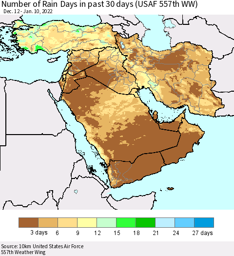 Middle East and Turkey Number of Rain Days in past 30 days (USAF 557th WW) 01/10/2022 Thematic Map For 1/6/2022 - 1/10/2022