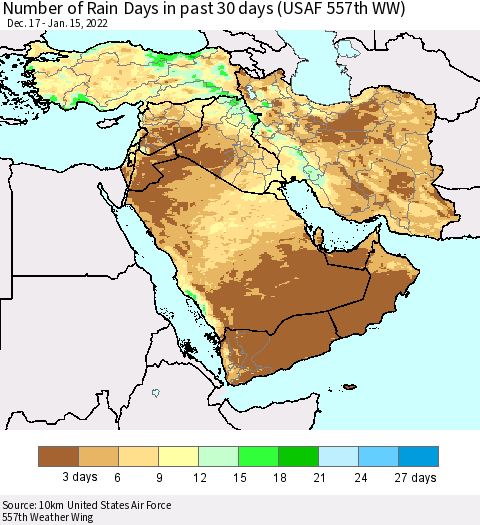 Middle East and Turkey Number of Rain Days in past 30 days (USAF 557th WW) 01/15/2022 Thematic Map For 1/11/2022 - 1/15/2022