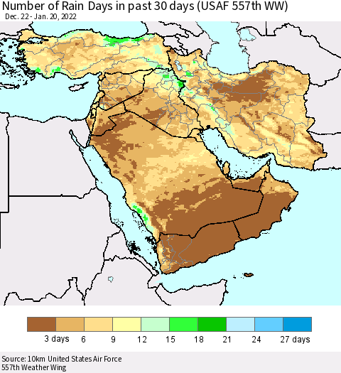 Middle East and Turkey Number of Rain Days in past 30 days (USAF 557th WW) 01/20/2022 Thematic Map For 1/16/2022 - 1/20/2022