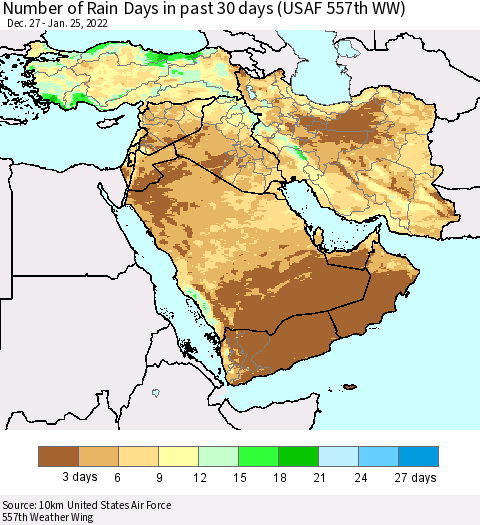 Middle East and Turkey Number of Rain Days in past 30 days (USAF 557th WW) 01/25/2022 Thematic Map For 1/21/2022 - 1/25/2022