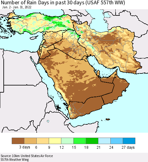 Middle East and Turkey Number of Rain Days in past 30 days (USAF 557th WW) 01/31/2022 Thematic Map For 1/26/2022 - 1/31/2022