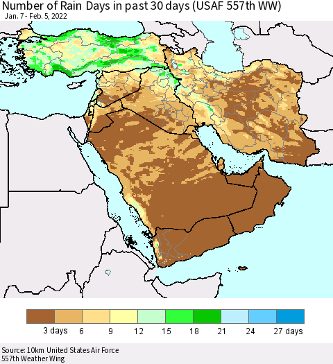 Middle East and Turkey Number of Rain Days in past 30 days (USAF 557th WW) 02/05/2022 Thematic Map For 2/1/2022 - 2/5/2022