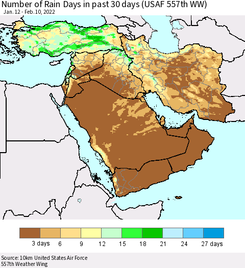 Middle East and Turkey Number of Rain Days in past 30 days (USAF 557th WW) 02/10/2022 Thematic Map For 2/6/2022 - 2/10/2022