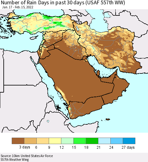 Middle East and Turkey Number of Rain Days in past 30 days (USAF 557th WW) 02/15/2022 Thematic Map For 2/11/2022 - 2/15/2022