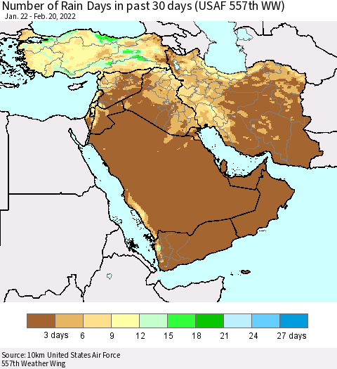 Middle East and Turkey Number of Rain Days in past 30 days (USAF 557th WW) 02/20/2022 Thematic Map For 2/16/2022 - 2/20/2022