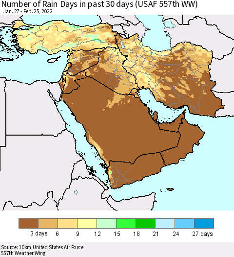 Middle East and Turkey Number of Rain Days in past 30 days (USAF 557th WW) 02/25/2022 Thematic Map For 2/21/2022 - 2/25/2022
