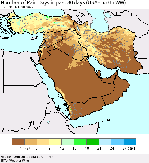 Middle East and Turkey Number of Rain Days in past 30 days (USAF 557th WW) 02/28/2022 Thematic Map For 2/26/2022 - 2/28/2022
