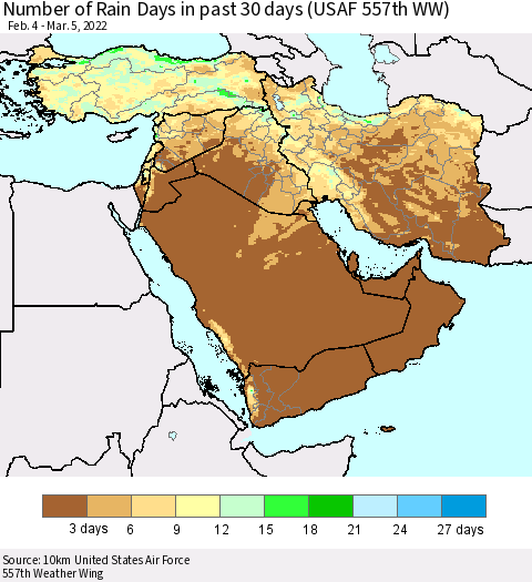 Middle East and Turkey Number of Rain Days in past 30 days (USAF 557th WW) 03/05/2022 Thematic Map For 3/1/2022 - 3/5/2022