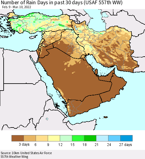 Middle East and Turkey Number of Rain Days in past 30 days (USAF 557th WW) 03/10/2022 Thematic Map For 3/6/2022 - 3/10/2022