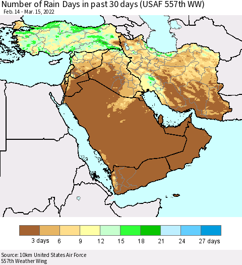 Middle East and Turkey Number of Rain Days in past 30 days (USAF 557th WW) 03/15/2022 Thematic Map For 3/11/2022 - 3/15/2022
