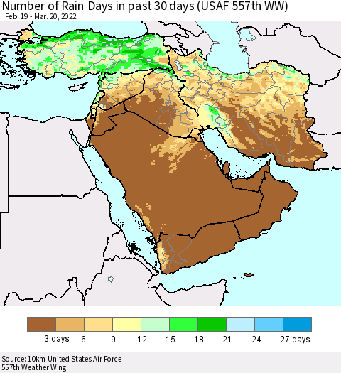 Middle East and Turkey Number of Rain Days in past 30 days (USAF 557th WW) 03/20/2022 Thematic Map For 3/16/2022 - 3/20/2022