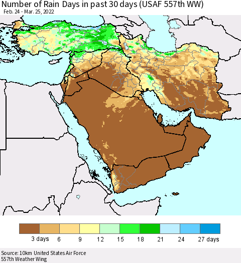 Middle East and Turkey Number of Rain Days in past 30 days (USAF 557th WW) 03/25/2022 Thematic Map For 3/21/2022 - 3/25/2022