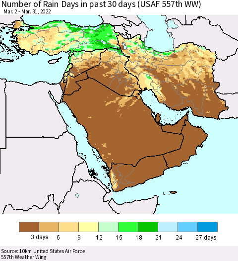 Middle East and Turkey Number of Rain Days in past 30 days (USAF 557th WW) 03/31/2022 Thematic Map For 3/26/2022 - 3/31/2022
