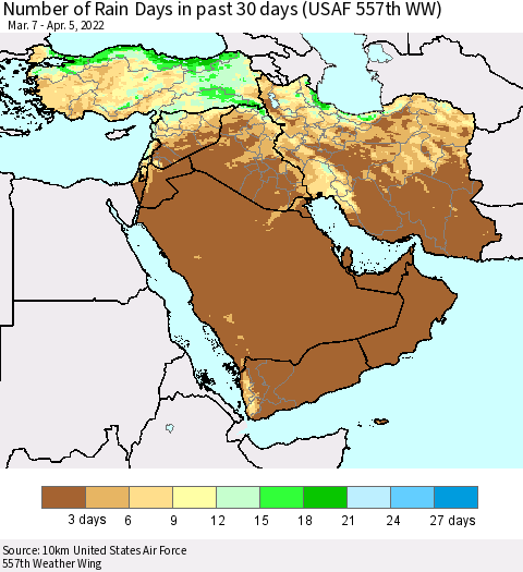Middle East and Turkey Number of Rain Days in past 30 days (USAF 557th WW) 04/05/2022 Thematic Map For 4/1/2022 - 4/5/2022