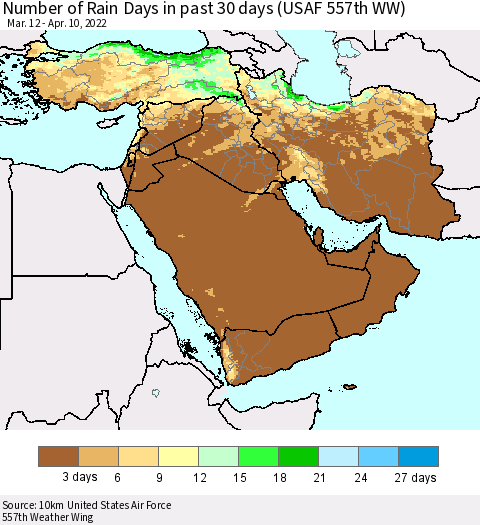 Middle East and Turkey Number of Rain Days in past 30 days (USAF 557th WW) 04/10/2022 Thematic Map For 4/6/2022 - 4/10/2022