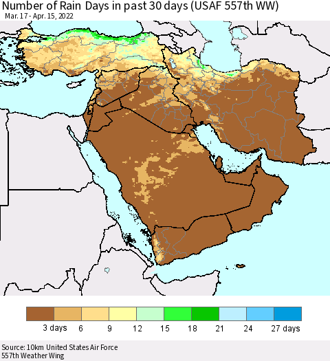 Middle East and Turkey Number of Rain Days in past 30 days (USAF 557th WW) 04/15/2022 Thematic Map For 4/11/2022 - 4/15/2022