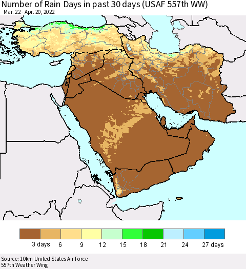 Middle East and Turkey Number of Rain Days in past 30 days (USAF 557th WW) 04/20/2022 Thematic Map For 4/16/2022 - 4/20/2022