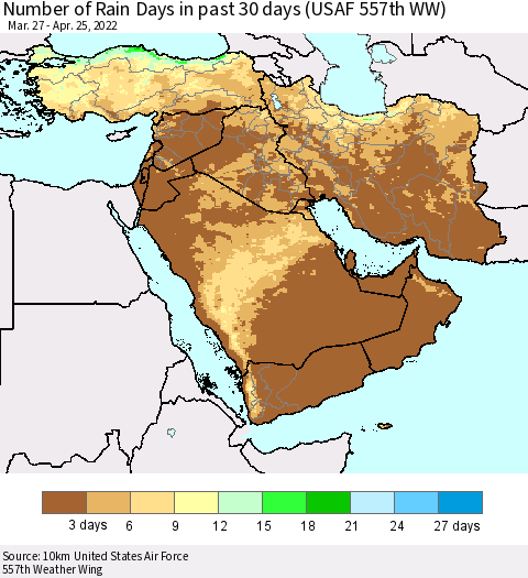 Middle East and Turkey Number of Rain Days in past 30 days (USAF 557th WW) 04/25/2022 Thematic Map For 4/21/2022 - 4/25/2022