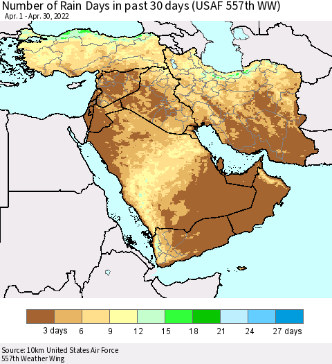 Middle East and Turkey Number of Rain Days in past 30 days (USAF 557th WW) 04/30/2022 Thematic Map For 4/26/2022 - 4/30/2022