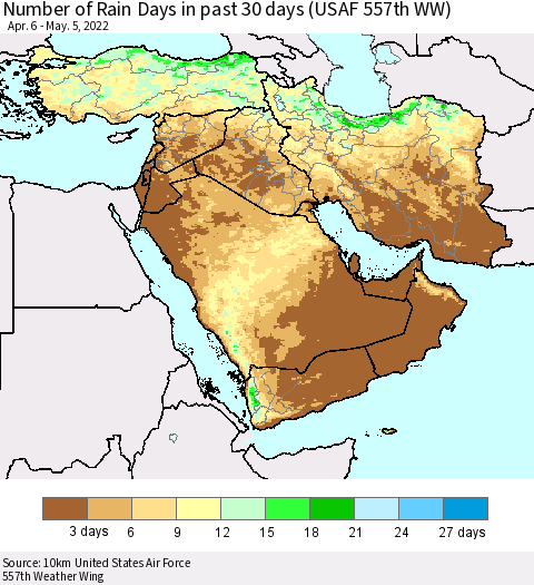 Middle East and Turkey Number of Rain Days in past 30 days (USAF 557th WW) 05/05/2022 Thematic Map For 5/1/2022 - 5/5/2022